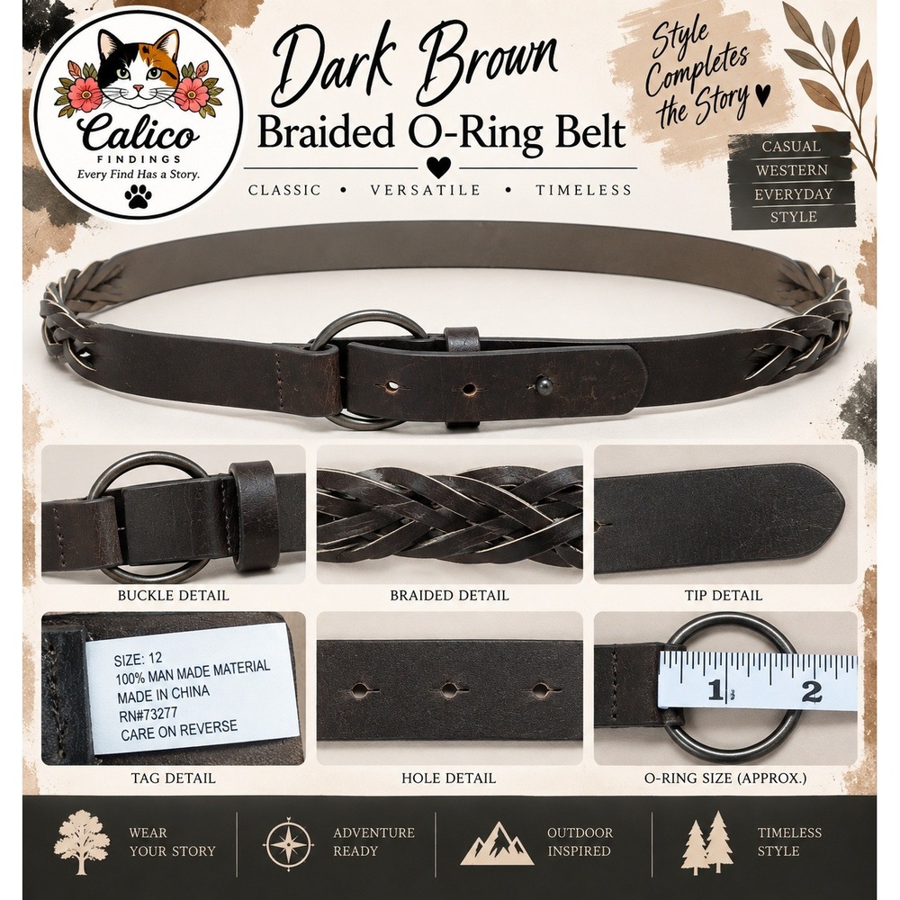 Dark Brown Braided O-Ring Belt Size 12 Faux Leather Woven Detail